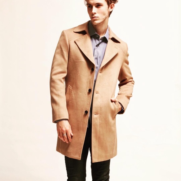 NWOT Vizoni Uomo Camel Tan Wool Coat Peacoat Single Breasted - Picture 1 of 8